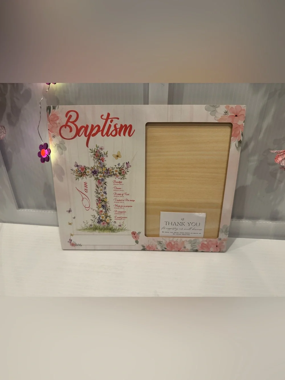 Baptism Floral Cross Photo Frame - Pink